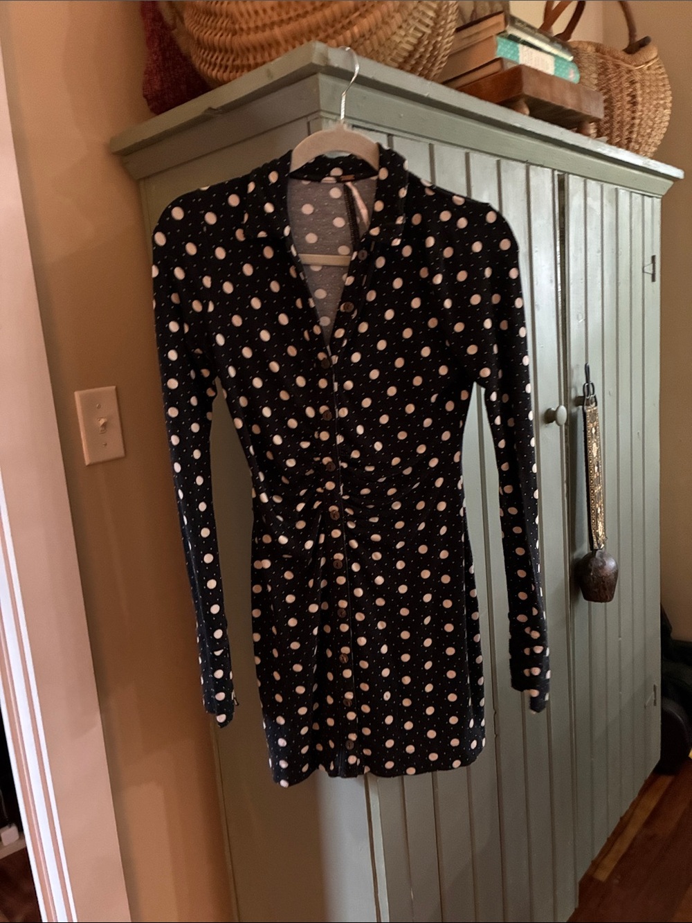 Free People Black Polka Dot Long-Sleeve Mini Wrap Dress